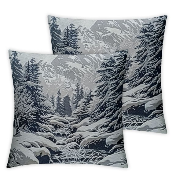 Ullo0ord Winter Pillow Cushion Cover, Snow Winter Landscape Pine Forest and a River Flowing in The Mountains Blizzard Image, Decorative Square Accent Pillow Case 24x24in