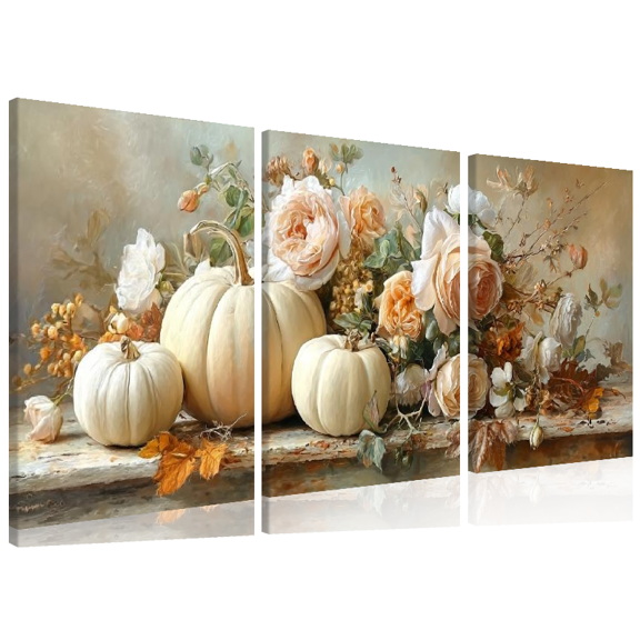 Ullo0ord Wooden Frame Flower and Pumpkin Art Canvas Poster-Canvas Wrap Frame, Perfect for Halloween, Thanksgiving, Living Room Party Decoration, Perfect for Home Decoration 12*16inch*3pcs