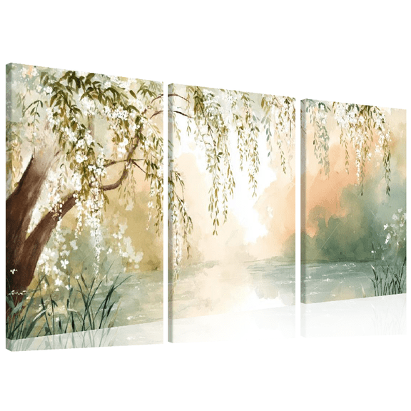 Ullo0ord A willow tree with white flowers in bloom. Lush green plants with white flower buds. Watercolor style. Ready to hang, home art decoration, decorative painting, canvas wall art 12*16inch*3pcs