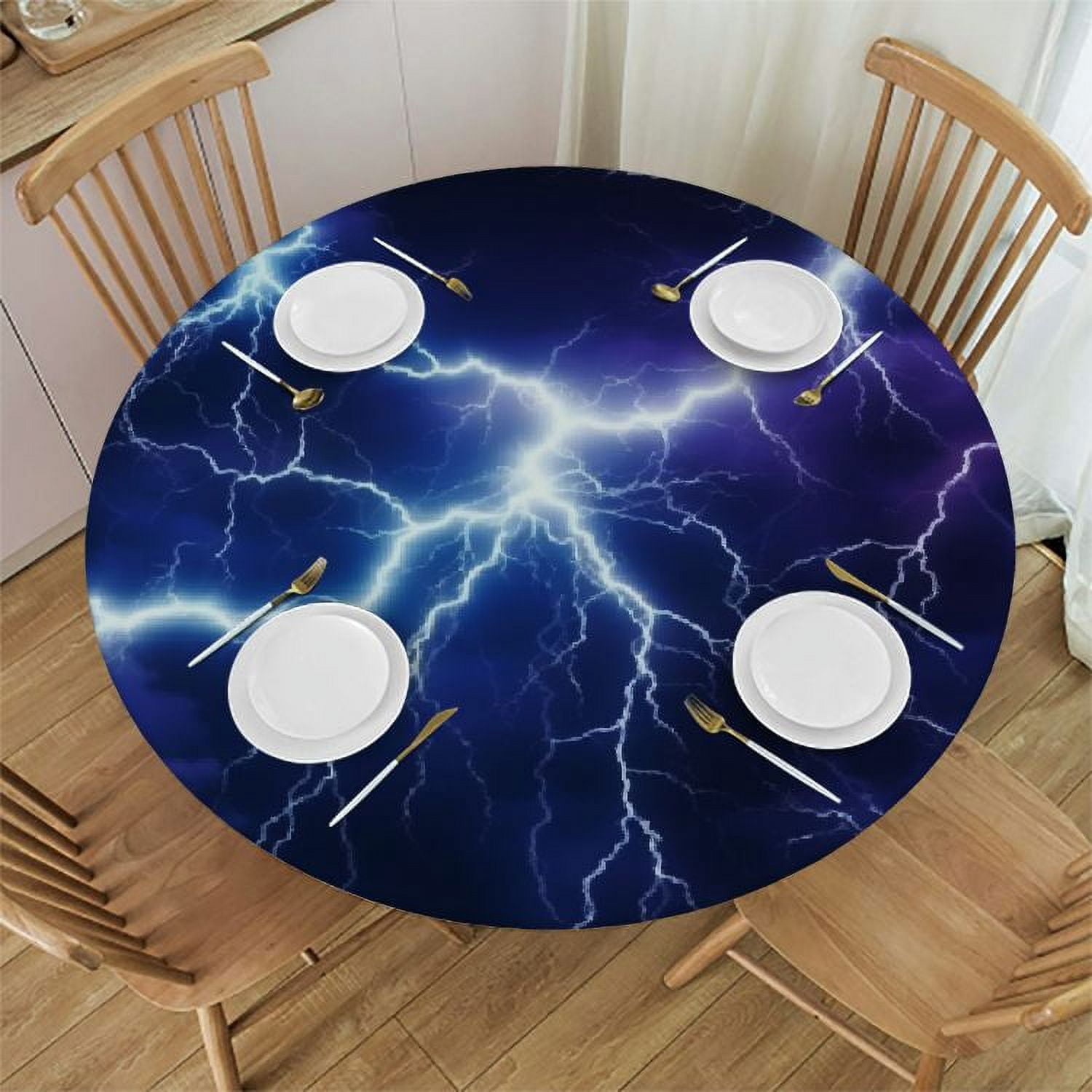 Ulloord Abstract Blue Lightning Fitted Round Table Cover with Elastic ...