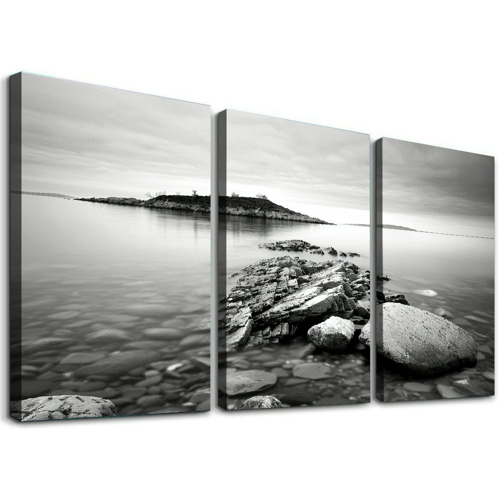 Ulloord Black and White Beach Canvas Wall Art Zen Rocks Stone Picture