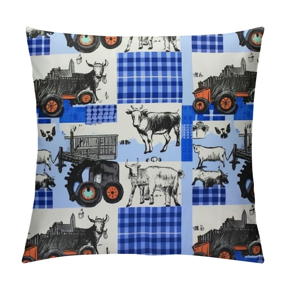 Ulloord Blue Tractor Pillow Cover Farm Animal Cute Chicken Pig Decor