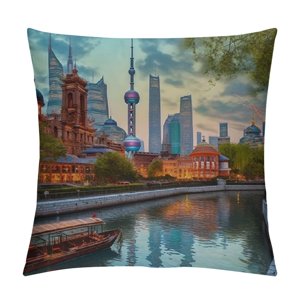 Ulloord Decorative Square Throw Pillow Cover Bund Travel Tower Shanghai