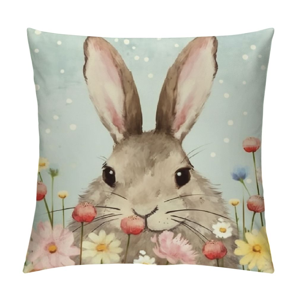 Ulloord Easter Pillow Covers 18x18 Inch, Floral Rabbits Bunny Eggs