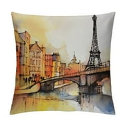 Ulloord Eiffel Tower Throw Pillow Cushion Cover, France Themed Design Urban Sunset in Paris Illustration Print, Decorative Square Accent Pillow Case