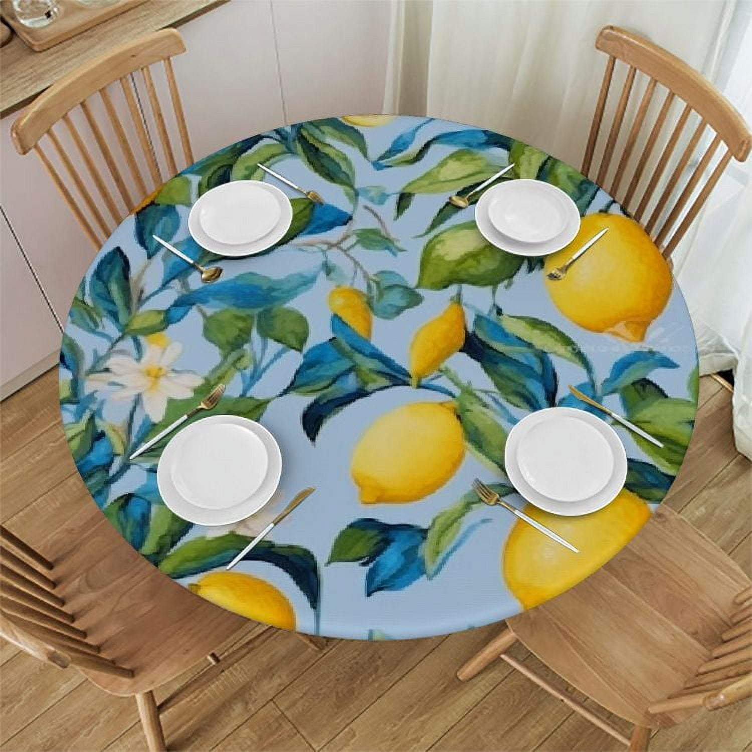 Ulloord Fitted Table Cover for Round Tables Farmhouse Yellow Lemons