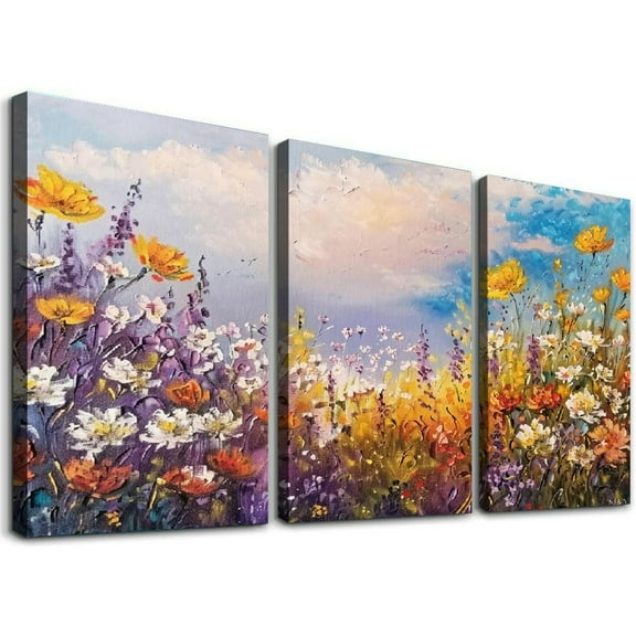 Ulloord Flowers Wall Art Canvas Colorful 3d Textured Landscape Painting, Yellow Floral Artwork Large Framed for Living Room Bedroom Bathroom Home Decor