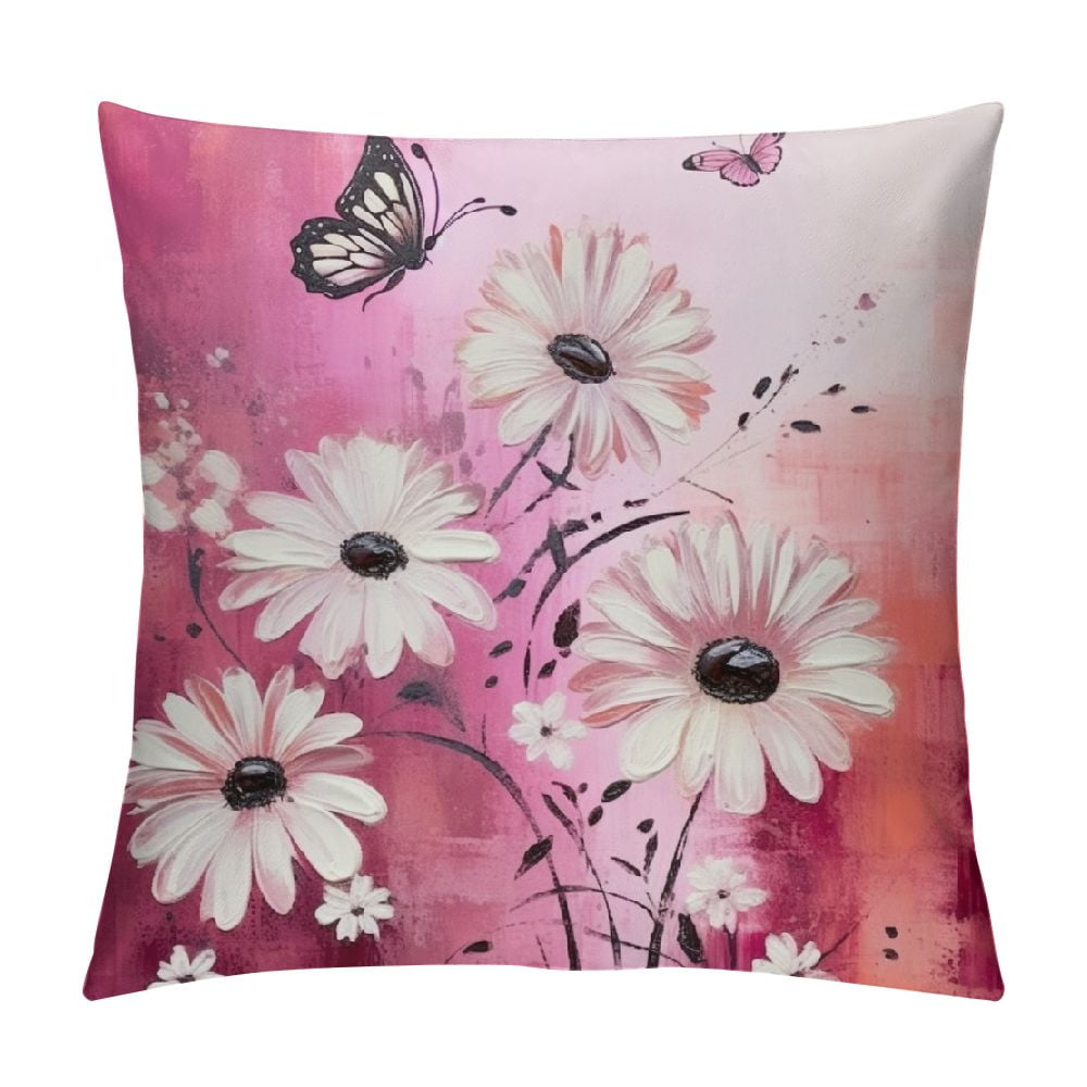 Ulloord Girly Pink Daisy Throw Pillow Cover,Retro Wild Flowers Hand