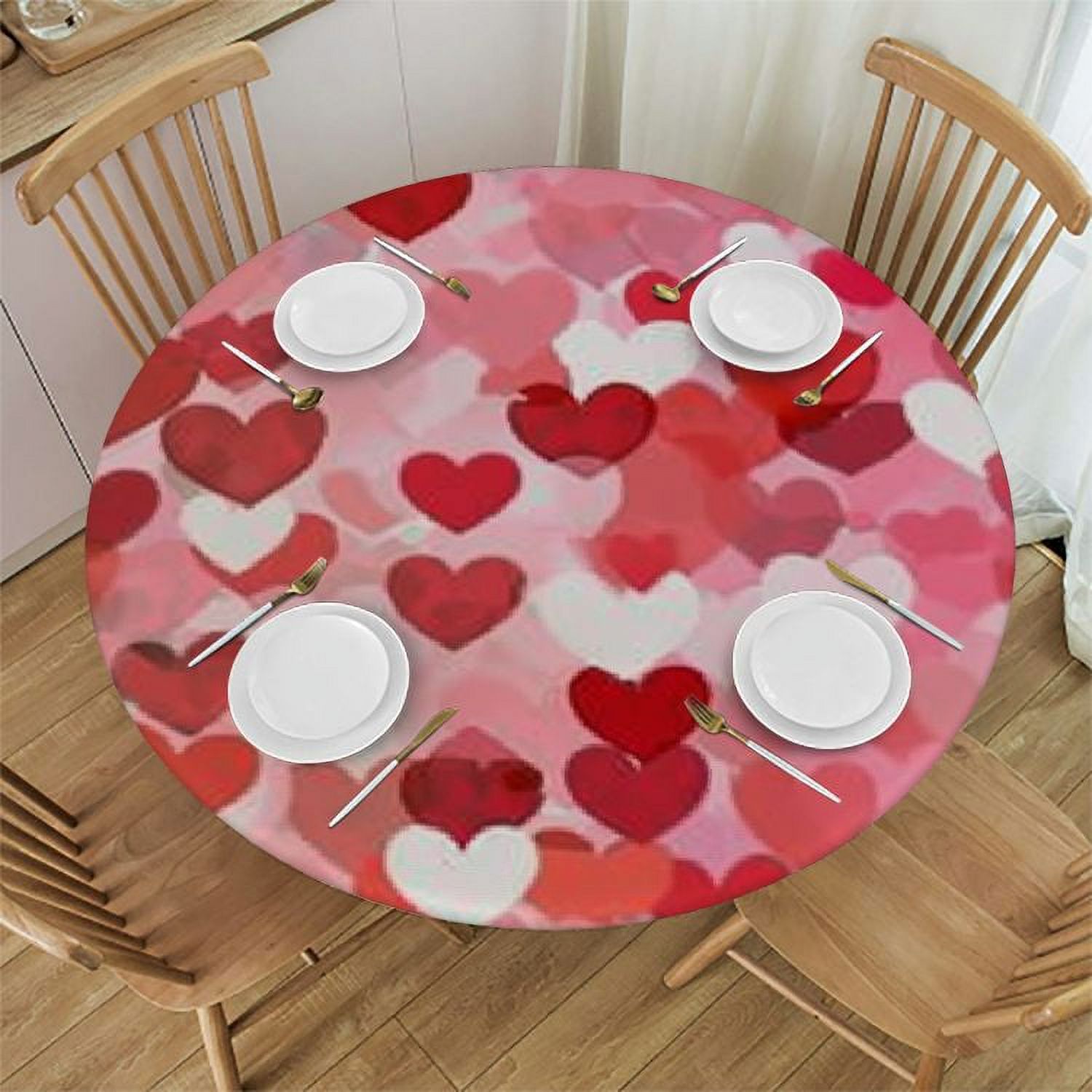 Ulloord Heart Tablecloth with Elastic Edge, Round Table Cloth Valentine