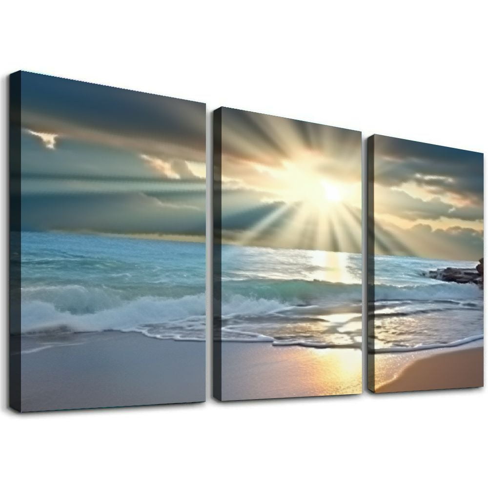 Sunset Beach Ocean Waves Canvas Wall Art Set
