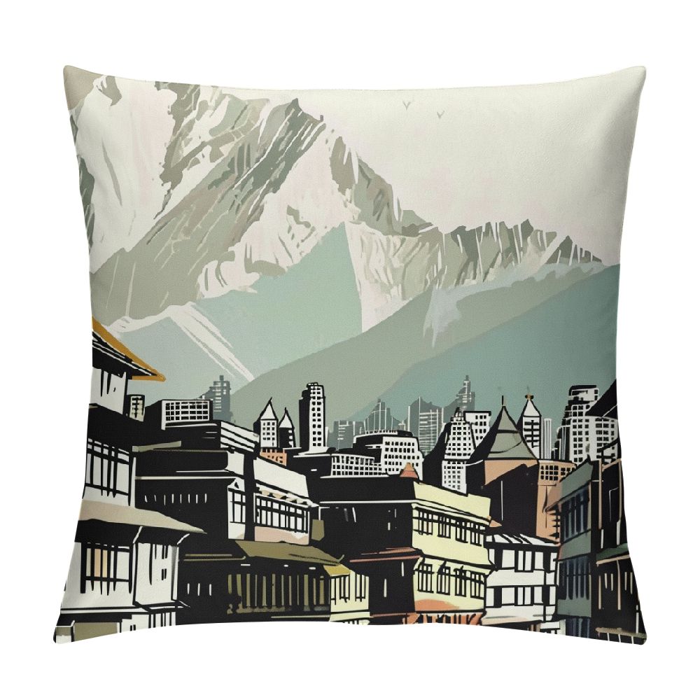 Ulloord Nepal Throw Pillow Cushion Cover, Hand Drawn Building of Durbar Mountains and Buildings