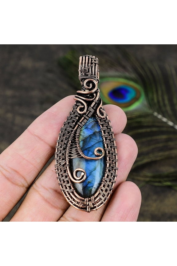 Natural Labradorite Gemstone Handmade Copper Wire Wrap Gift Pendant 3.07