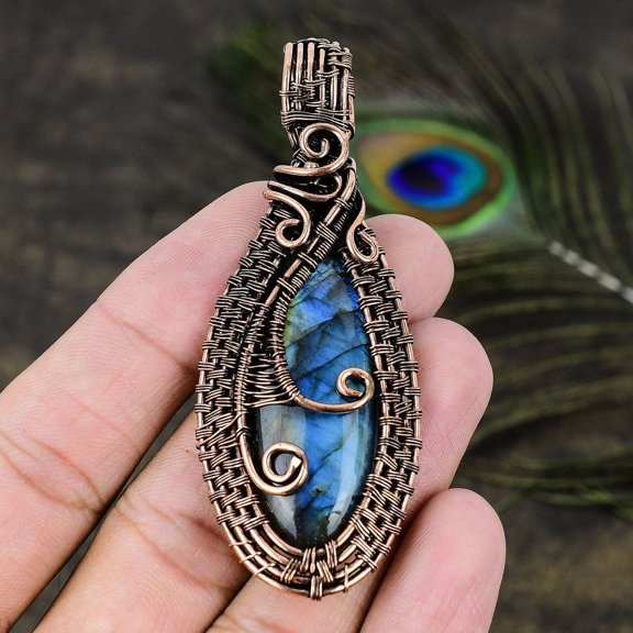 Natural Labradorite Gemstone Handmade Copper Wire Wrap Gift Pendant 3.07