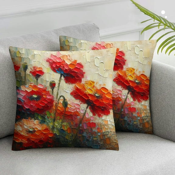 Ulloord Oil Painting Beautiful Red Orange Flowers Summer Decorative Throw Pillow Cover Living Room Sofa Car Cotton Linen Square