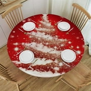 Ulloord Round Christmas Elastic Edged Table Cover, Christmas Tree with Farmer House Print Polyester Fitted Stretched Round Table Cloths, Tablecloths for Christmas Decorations