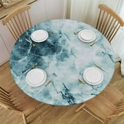 Ulloord Round Fitted Marble Tablecloth, Fluffy Cloud Skyline Like Marble Motif with Grunge and Retro Features Art Image Print, Elastic Edge, Waterproof and wipeable,  Diameter White Turquoise