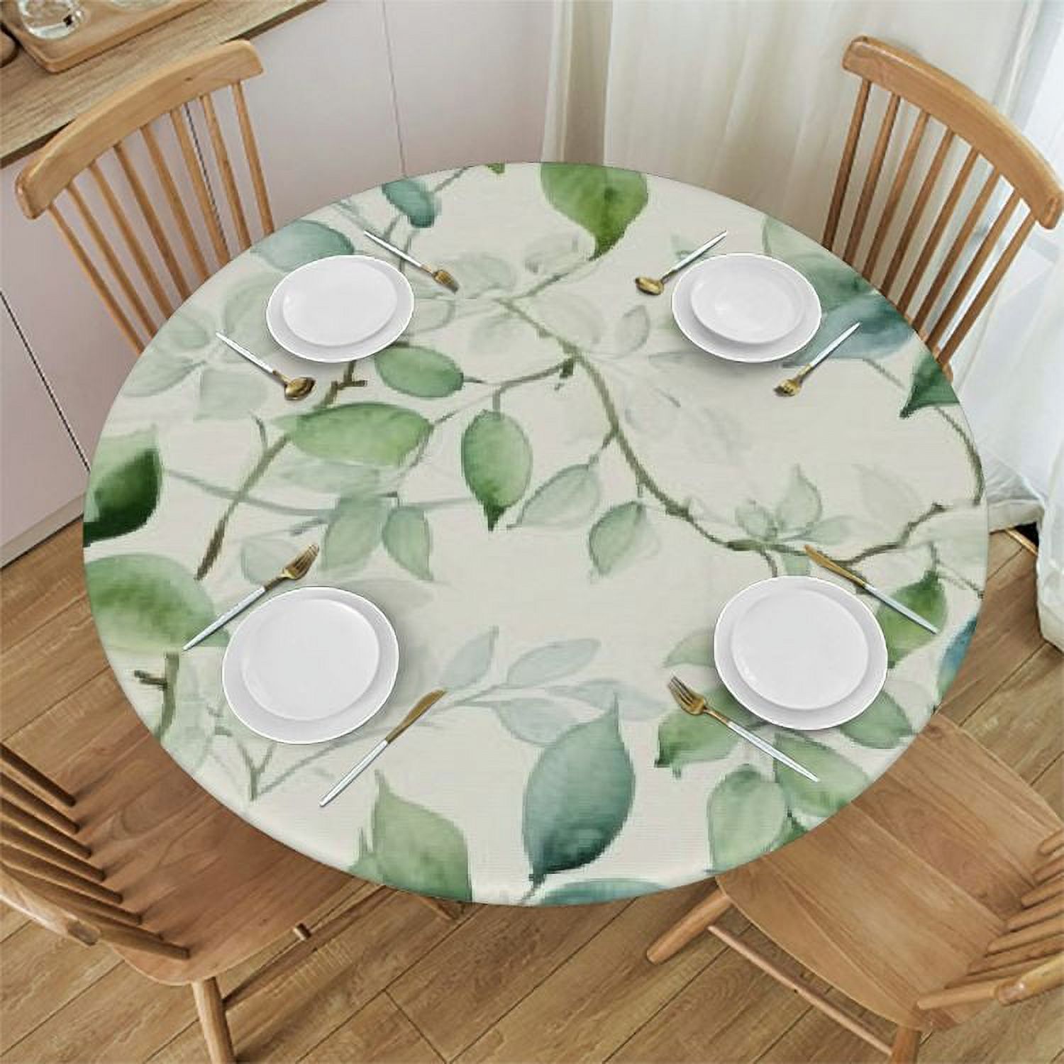 Ulloord Round Table Cloth Watercolor Green Leaf Tablecloth Elastic Edge