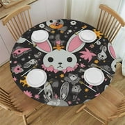 Ulloord Round Vinyl Fitted Tablecloth, Doodle Print Polyester Table Cloth, Kawaii Bunnies and Clouds with Cute Heart Eyed, Fit Round Tables, For Dinner Kitchen Party Decoration, Multicolor