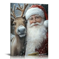 Ulloord Santa Claus Canvas Wall Art Christmas Wall Santa with Reindeer Picture Vintage Santa Portrait Painting  12x16 in
