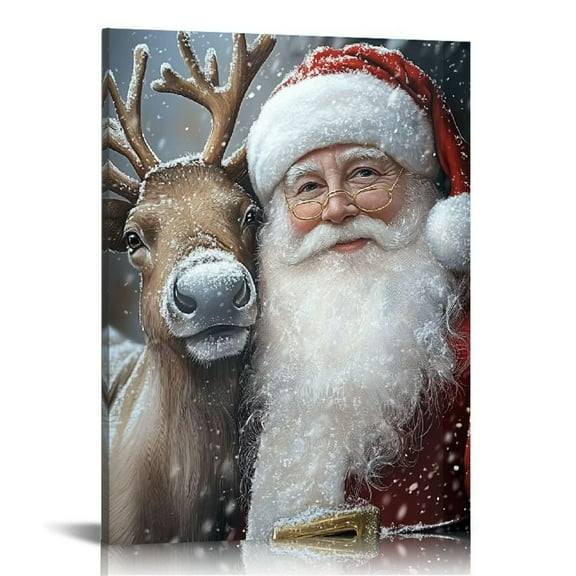 Ulloord Santa Claus Canvas Wall Art Christmas Wall Santa with Reindeer Picture Vintage Santa Portrait Painting  12x16 in