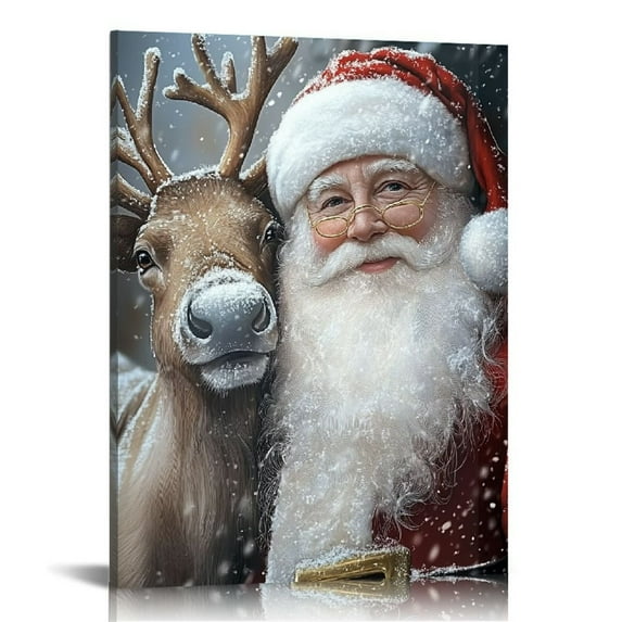 Ulloord Santa Claus Canvas Wall Art Christmas Wall Santa with Reindeer Picture Vintage Santa Portrait Painting 16x20 in