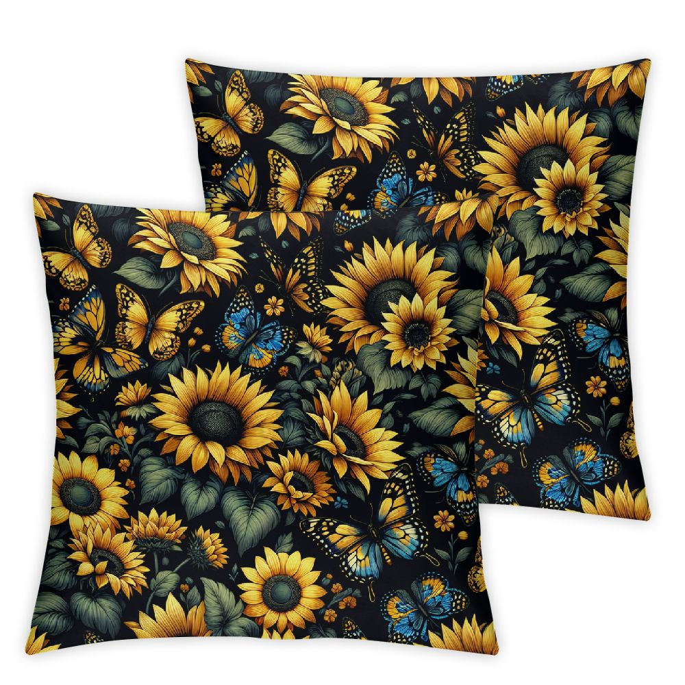 Ulloord Square Throw Pillow Covers Yellow Sunflowers with Blue Butterflies Pillow Cases