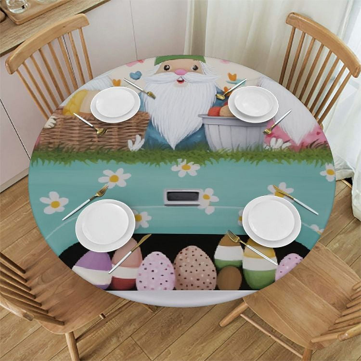 Easter Tablecloth 60x60 Inch - Waterproof, Easter Eggs Bunny Design, Spring Table Cover For Kitchen Party