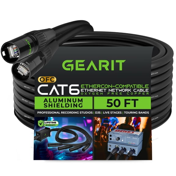 GEARit CAT6 Ethernet Cable, EtherCON-Compatible (50 Feet) RJ45 Connectors for Pro Audio, Aluminum Shielded, Oxygen Free Copper - 50 ft. - Black