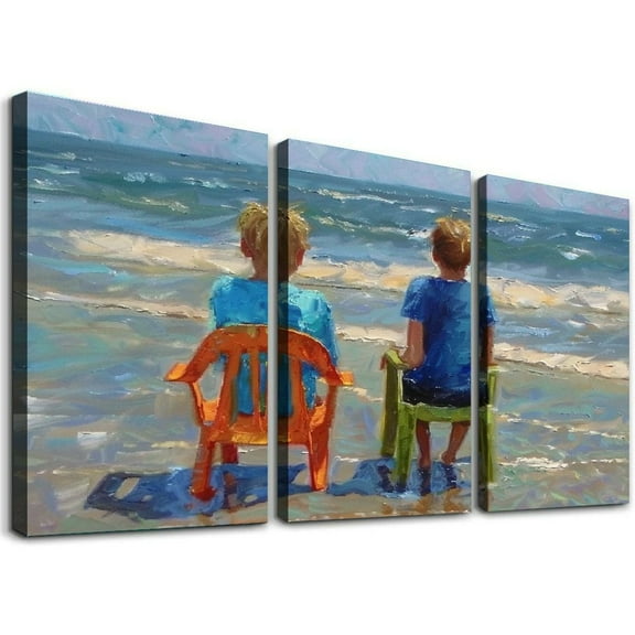 Ulloord Two Little Boys Walking on The Beach Painting Ocean Wall Art Coastal Kids Wall Art Wall Art Paintings Canvas Wall Decor Home Decor Living Room Decor Aesthetic