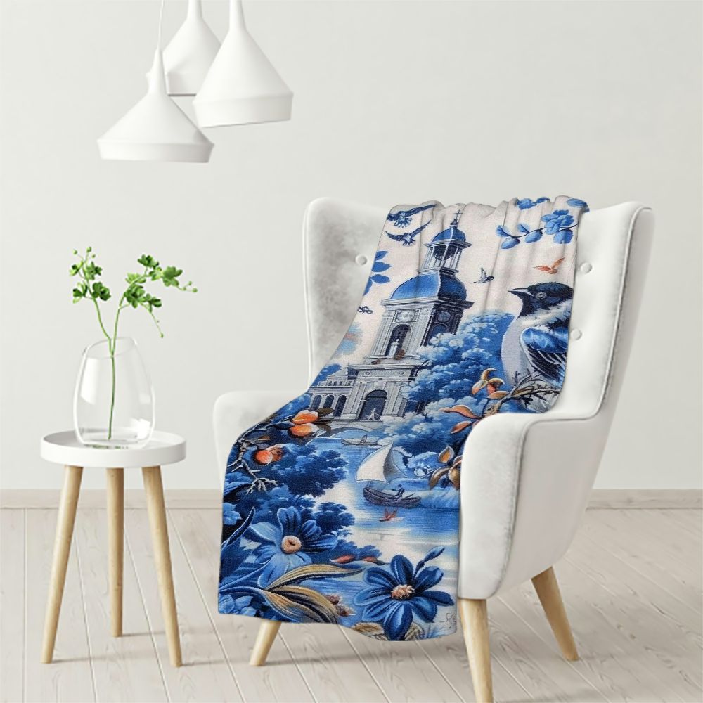 Ulloord Warm Flannel Blanket Blue and White Tile with and Small Flower