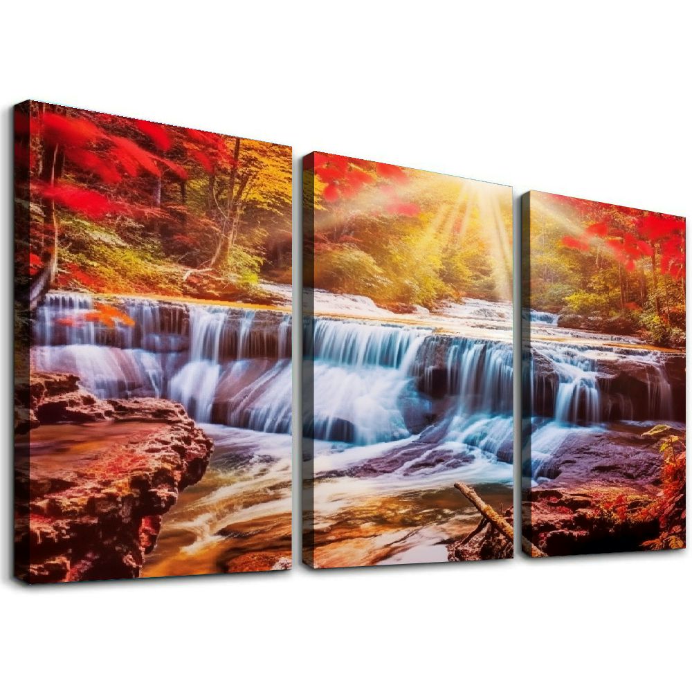 Ulloord Waterfalls Canvas Wall Art Decor Red Trees Forest Landscape