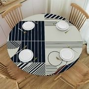 Ulloord  Waterproof Round Fitted Table Cover, Blue Auspicious Clouds and Striped Design Elastic Edged Tablecloth, Wipeable Circular Table Cover for Kitchen, Parties, Buffet Table