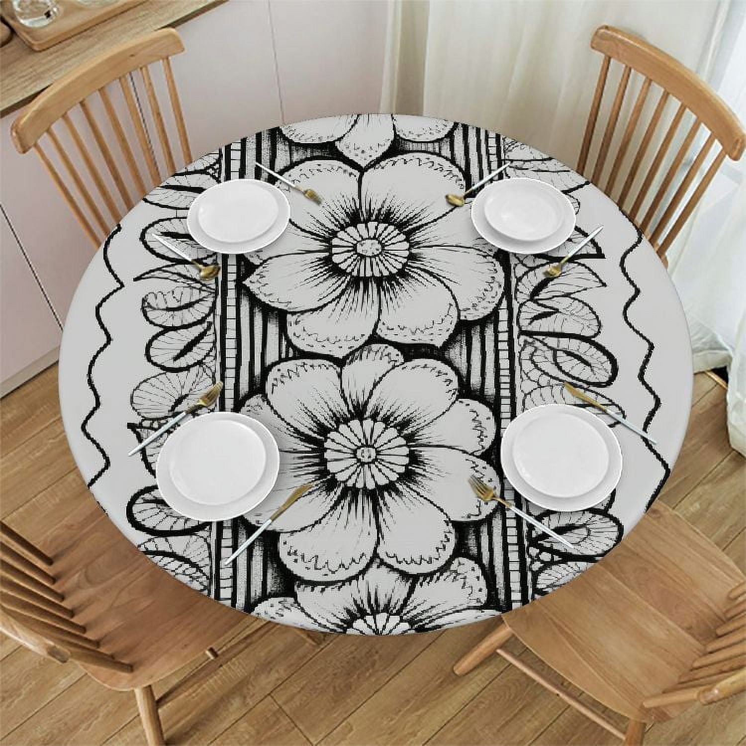 Ulloord Waterproof Round Fitted Table Cover, Boho Black And White ...