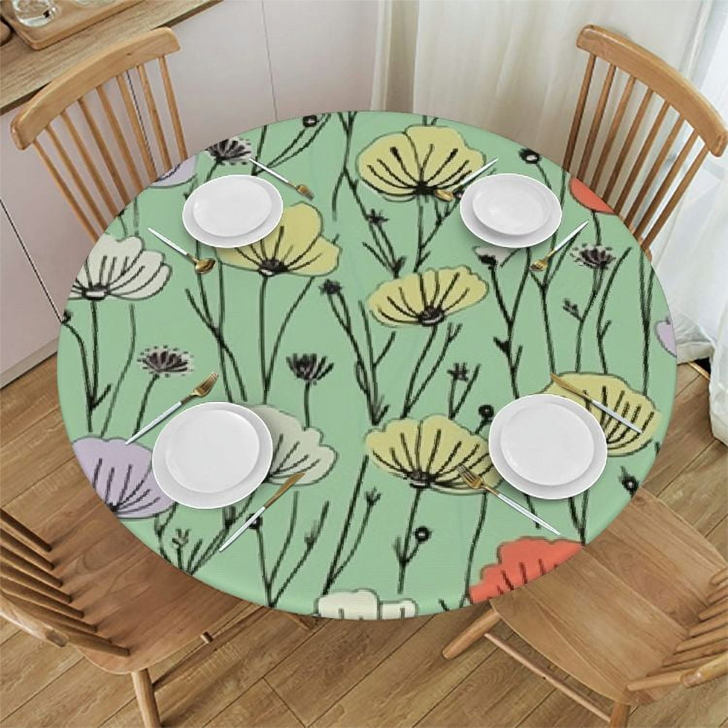 Ulloord Waterproof Round Fitted Table Cover, Flower Plants Dandelion