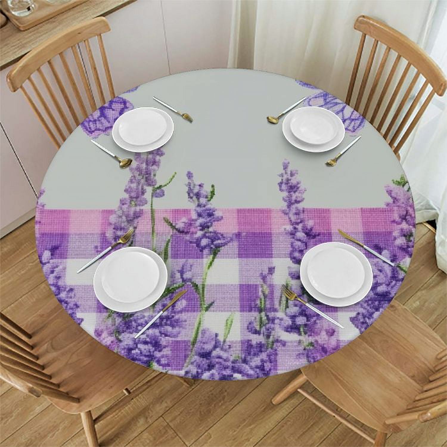 Ulloord Waterproof Round Fitted Table Cover, Lavender with Purple Check