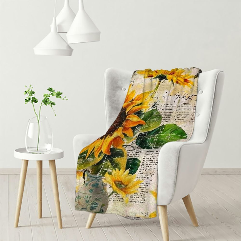 Ulloord Yellow Sunflowers Throw Blanket Paris Newspaper Floral Yellow