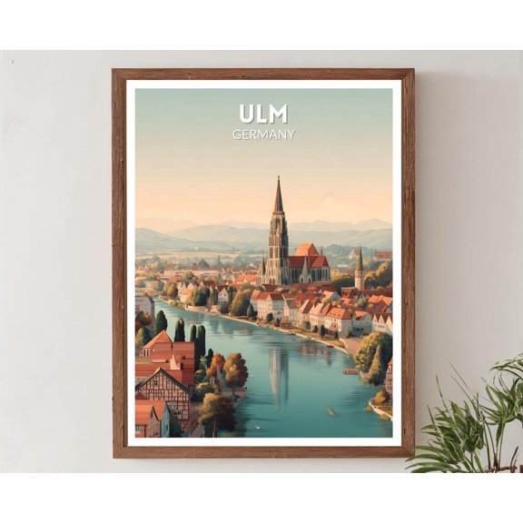 Ulm Germany Retro Travel Mid Century Modern Vintage Cityscape, Stretched Canvas