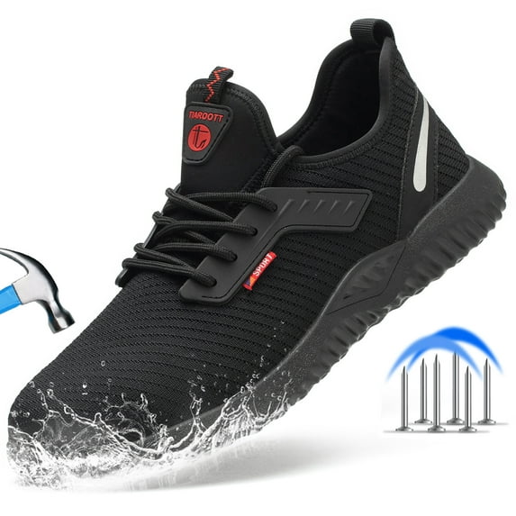 ulogu Waterproof Steel Toe Shoes for Men Women Lightweight Sneakers Indestructible Safety Shoes Non-Slip Work Shoes (Men Size 8.5, Black)