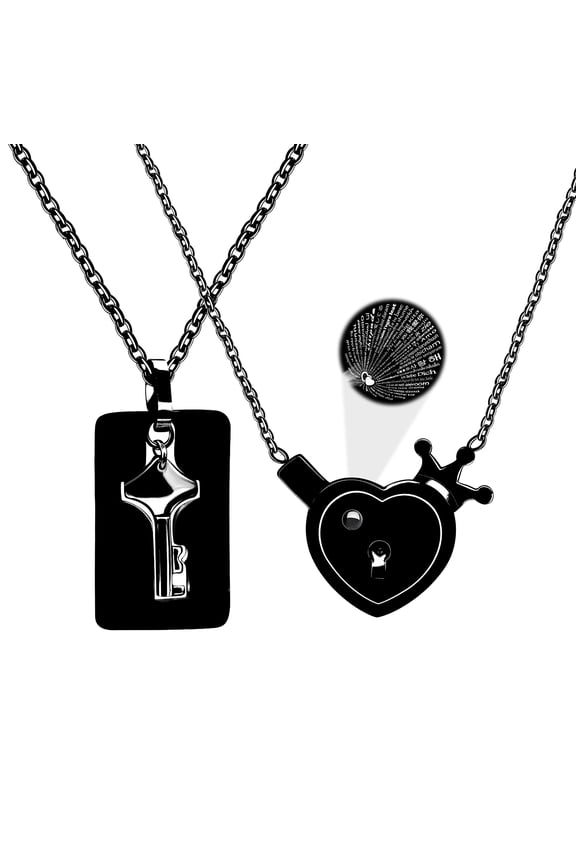 100 Languages I Love You Projection Necklace Set, Couples Love Heart Crown Lock & Shield Key Pendant for Him and Her Y1129 (black)