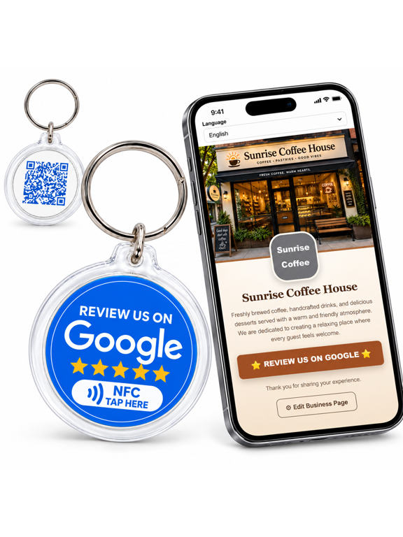 2-Sided Acrylic NFC QR Code Keychain with Custom Business Page, Editable Digital Profile Tag, NFC Tap and QR Scan Review Link Card for Small Business, Restaurants, Cafes, Salons, Stores, 1.7