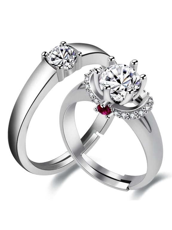 2 pcs Free Size His and Her Matching Couples Rings Set Simulated Diamond Solitaire Ring Fashion Wedding Engagement Band Ring Promise for Him and Her Valentine's Day Present Boy Girl LB024