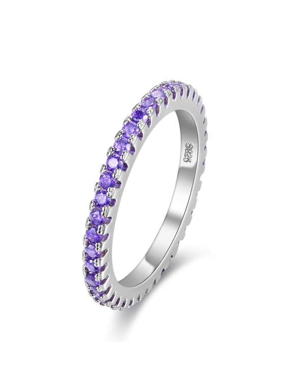 2mm Rhodium Plated Micropave Cubic Zirconia CZ Eternity Wedding Band Ring Stacking (Purple, Size 8)