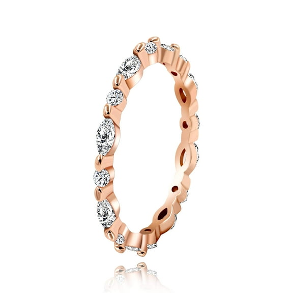 Uloveido 2mm Rose Gold Plated 925 Sterling Silver Eternity Milgrain Band Stack Ring with Marquise & Round CZ (size 5)