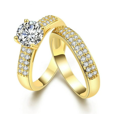 Uloveido 2pc Gold Plated Wedding Band Solitaire Bridal Rings Set, Round Cubic Zirconia Pave Set Stack Eternity Rings for Women (size 10)