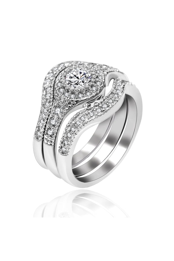 3 Pieces Platinum Plated Round CZ Engagement Wedding Ring Set for Women Girl (Size 6)