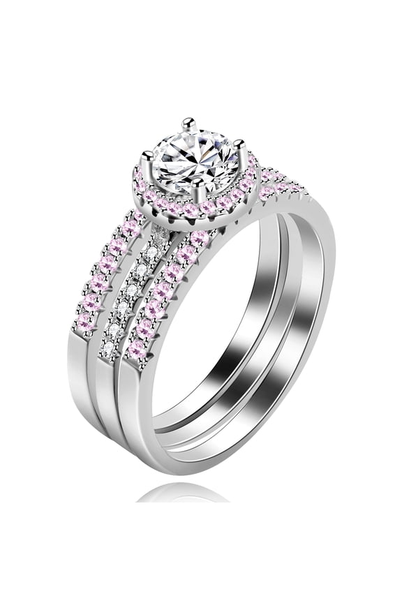 3 Pieces White Gold Plated Pink Crystal Stacking Rings for Women Anniversary Wedding Promise Rings Set Y579 (Size 8)