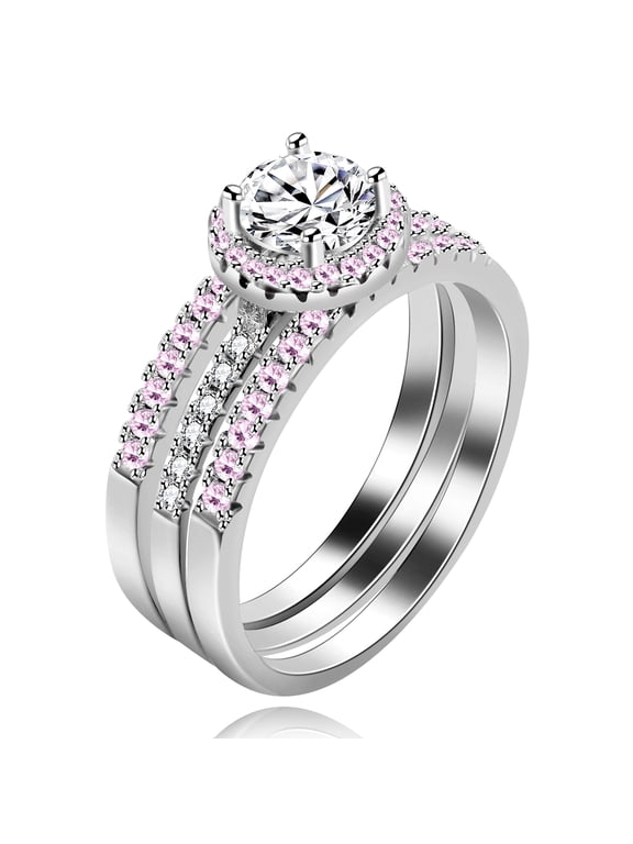3 Pieces White Gold Plated Pink Crystal Stacking Rings for Women Anniversary Wedding Promise Rings Set Y579 (Size 8)
