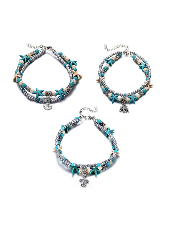 3 pcs Set Turtle-Elephant-Anchor Multilayer Beads Starfish Anklet Handmade Beach Anklets Boho Foot Jewelry for Women Y811-1