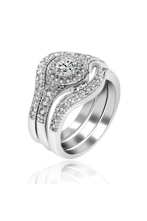 3pcs Round Engagement Wedding Rings Set for Women Rhodium Plated Fashion Bridal Jewelry Set for Women (Size 9)
