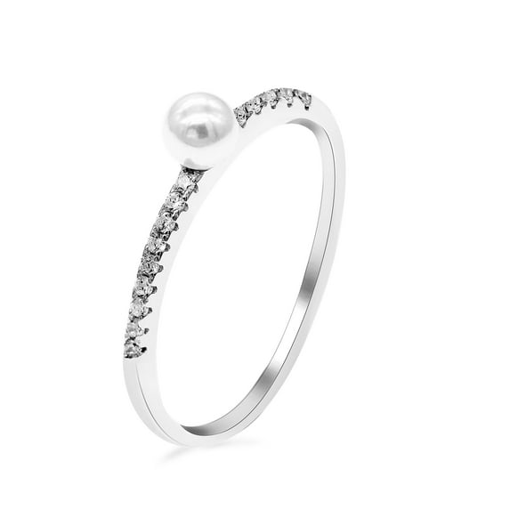 Uloveido 4.5mm High Luster Simulated-Pearl Cute Petite Half Eternity Cubic Zirconia 925 Sterling Silver Band Ring1.2g Sizes 7 WE248